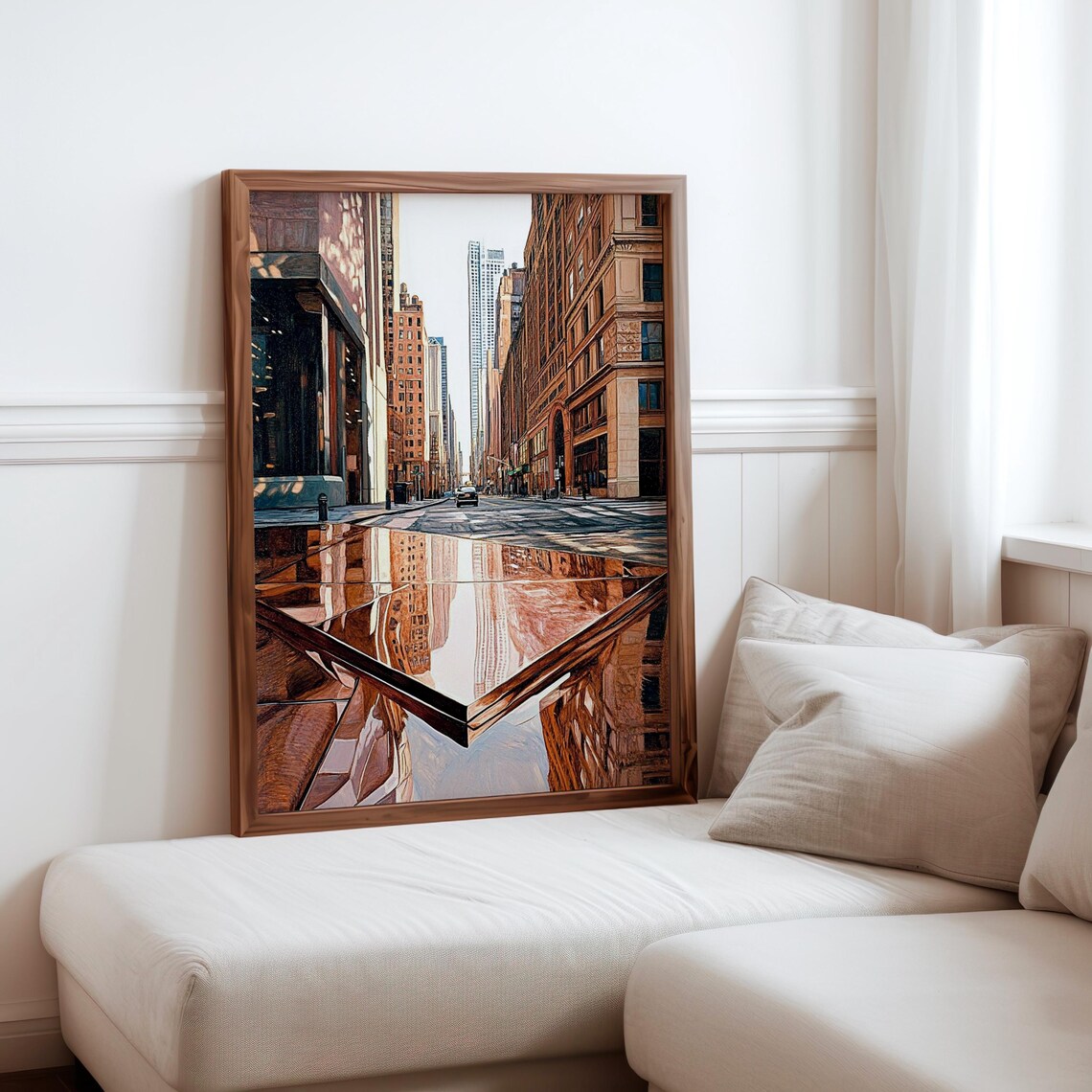 Photorealistic Downtown Street Mirrored In Wet Pavement Poster