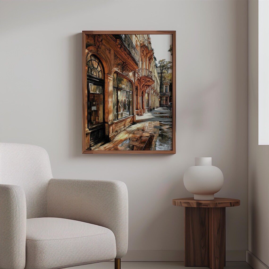 Paris Street Ornate Facade Wet Cobblestone Golden Sunlight Art Poster - Image 2