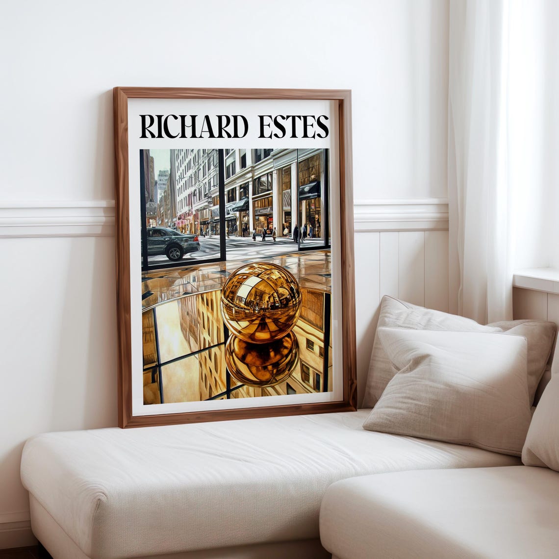 Golden Chrome Sphere Street Reflection Mirrored Plaza Art Poster
