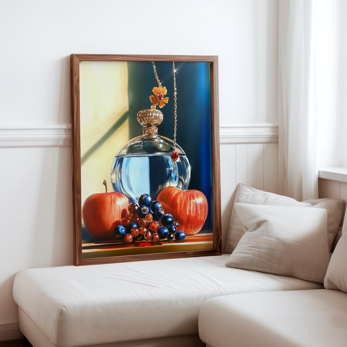 Crystal Perfume Bottle with Apples and Grapes Still Life Poster