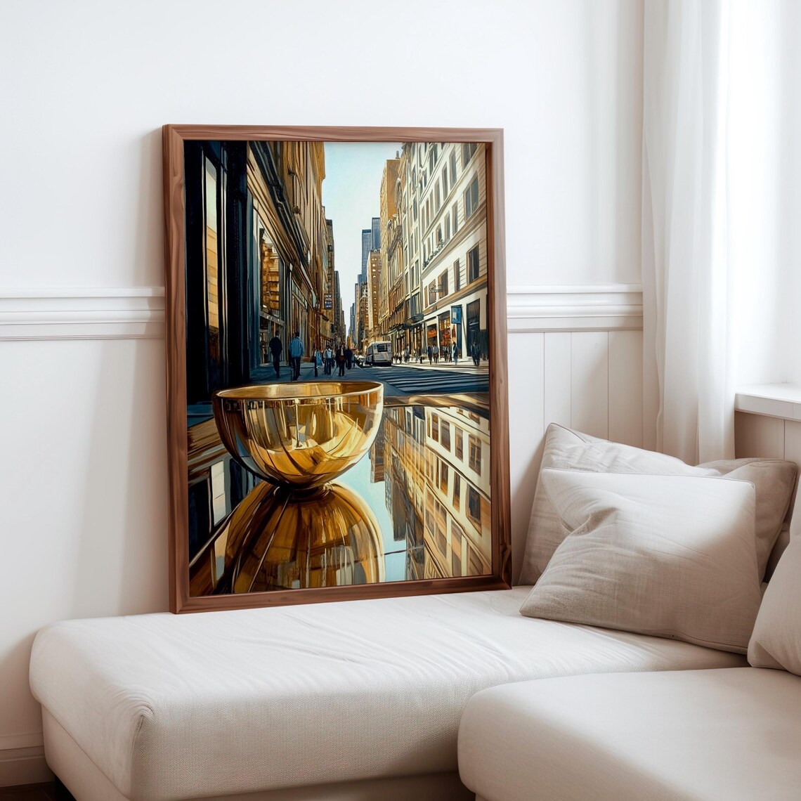 Photorealistic Golden Vessel Sculpture Before Busy City Street Poster