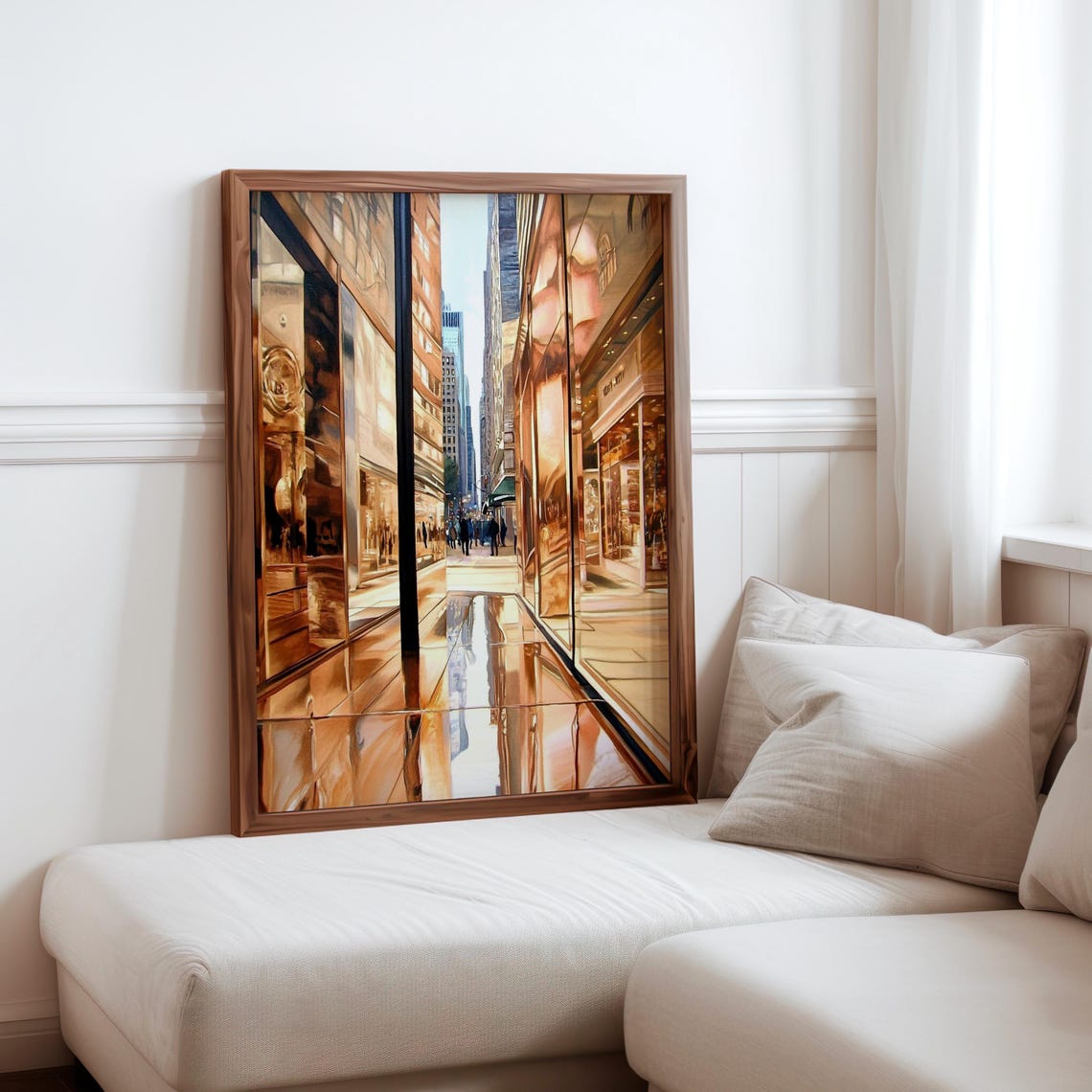 Photorealistic Copper Skyscraper Facade Shopping Street Crowd Poster