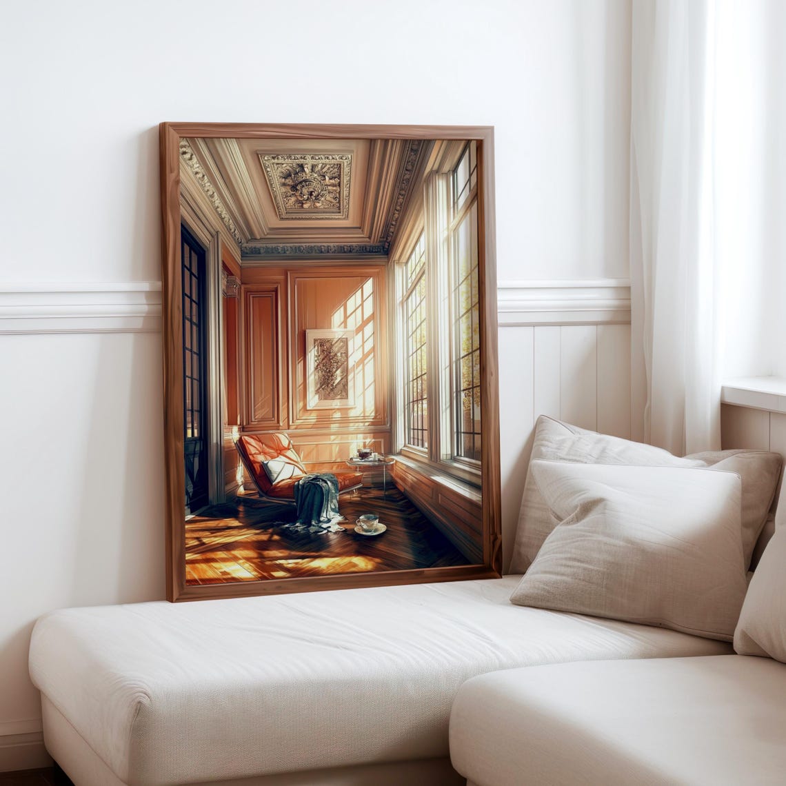 Wood Paneled Tea Corner Orange Chaise Warm Sunlight Wall Art