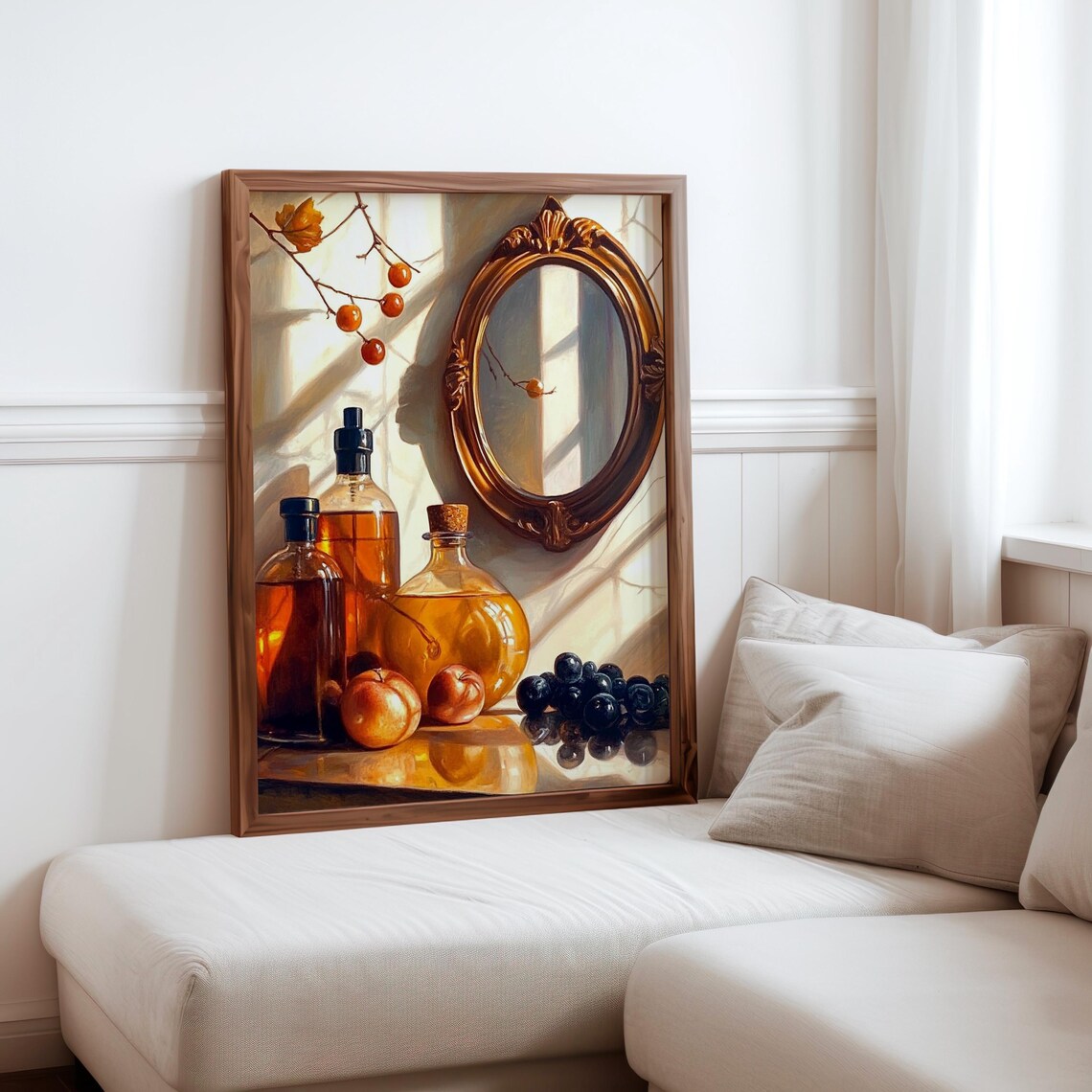 Amber Bottles Apples Gilt Oval Mirror Morning Still Life Print