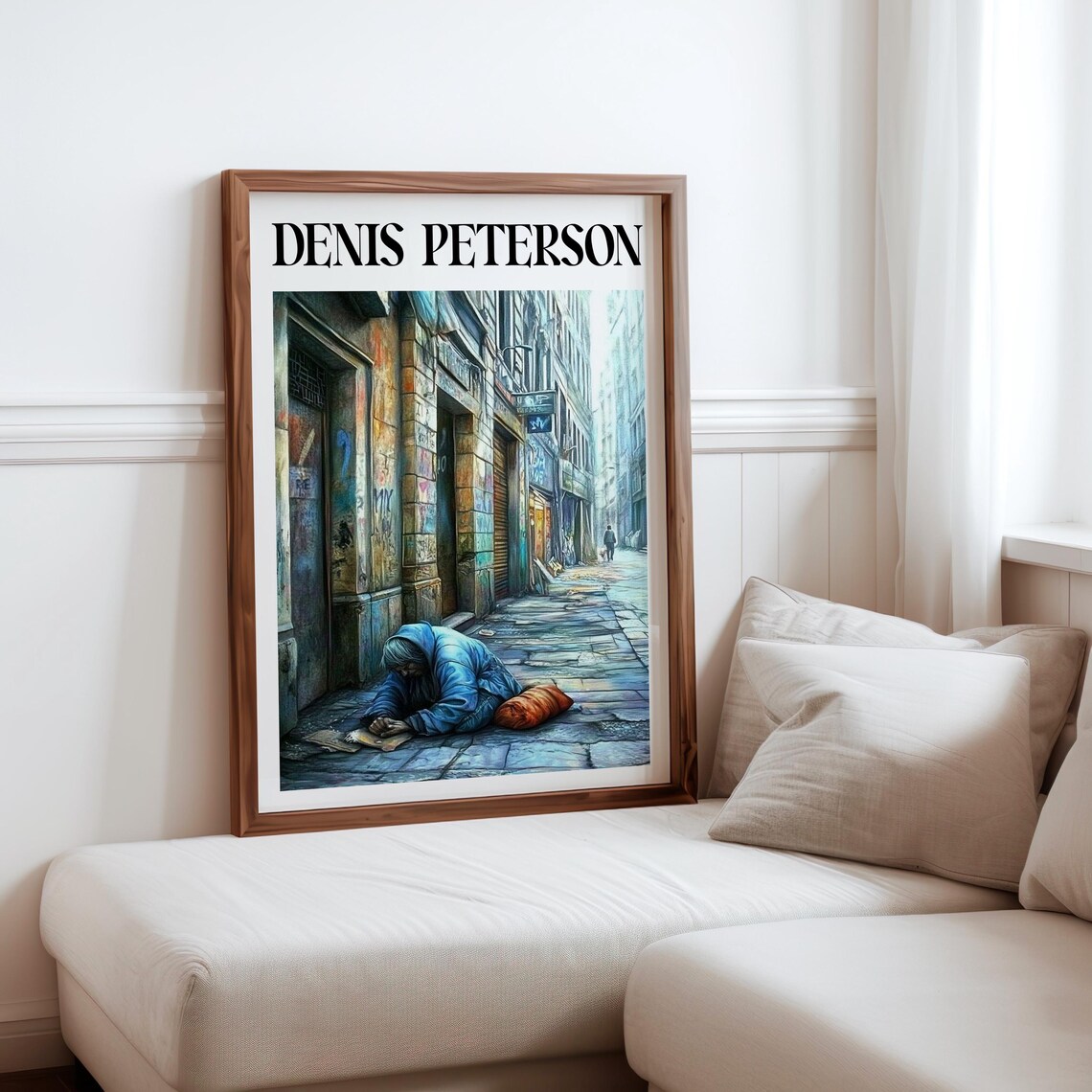 Denis Peterson Blue Coat Figure Lying Cobblestone Street Art Poster