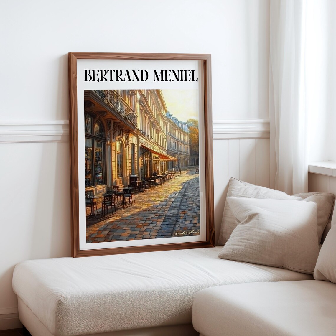 Bertrand Meniel Inspired Golden Hour Cobblestone Cafe Street Poster