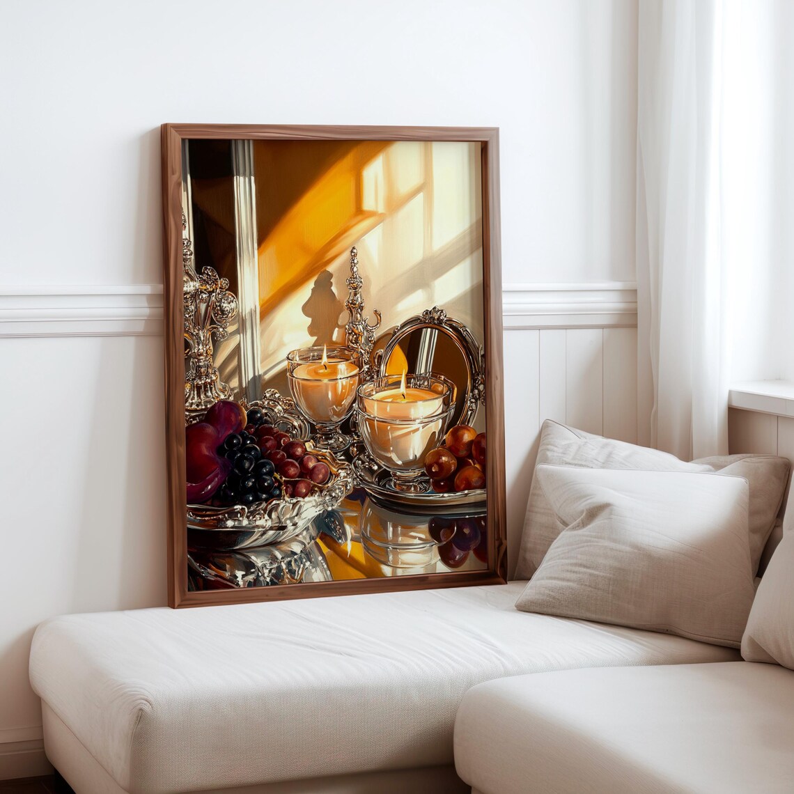 Silver Tea Service Candle Goblets Fruit Golden Still Life Art Print