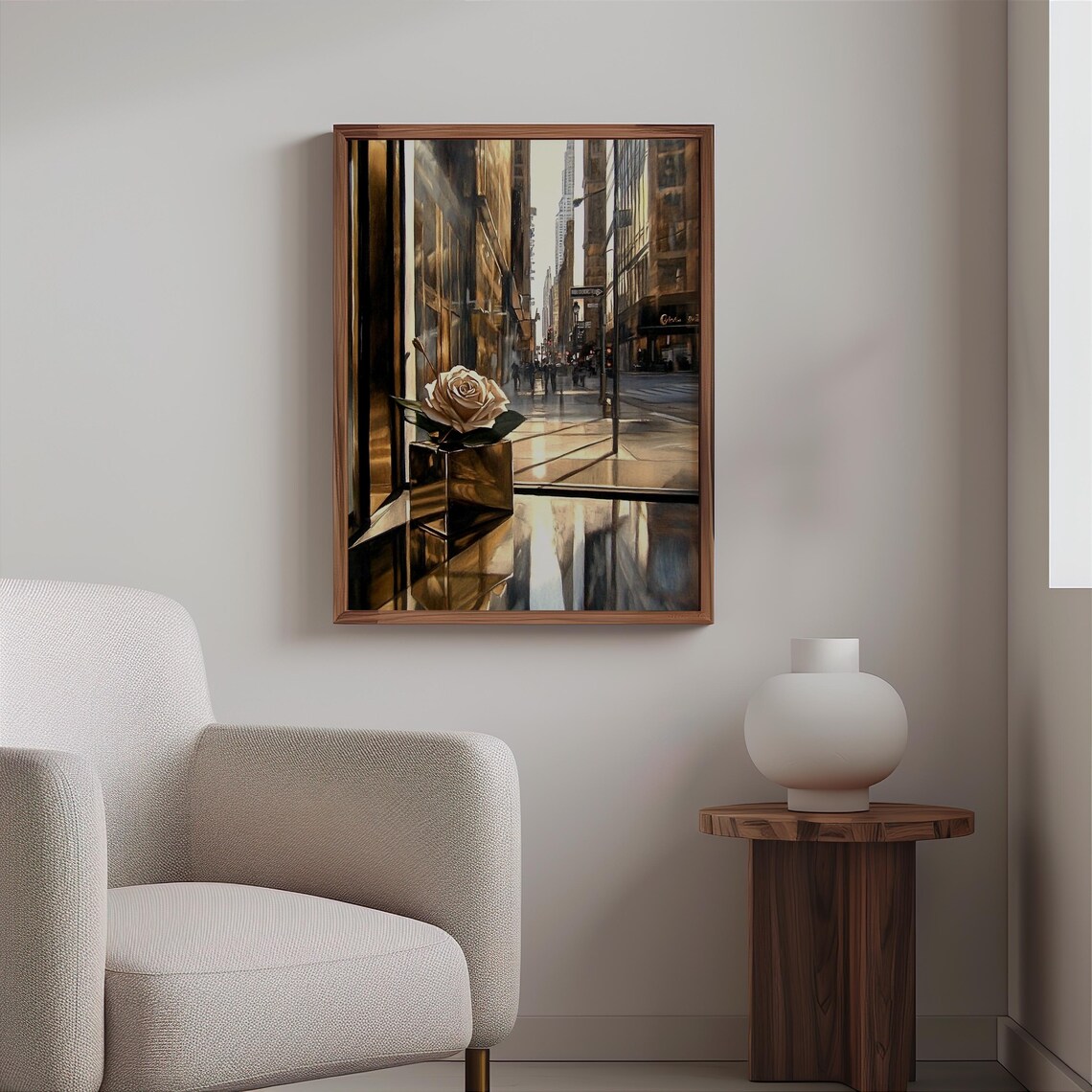 City Canyon Reflections White Rose in Vase Golden Hour Art Print - Image 2