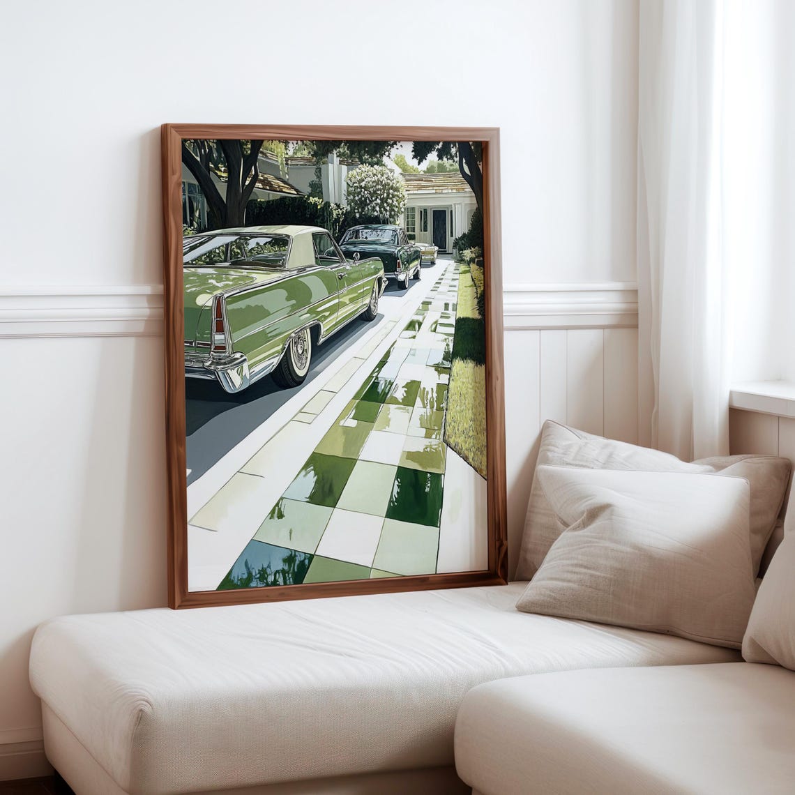 Green Classic Finned Sedan Checkered Sidewalk Suburban Art Print