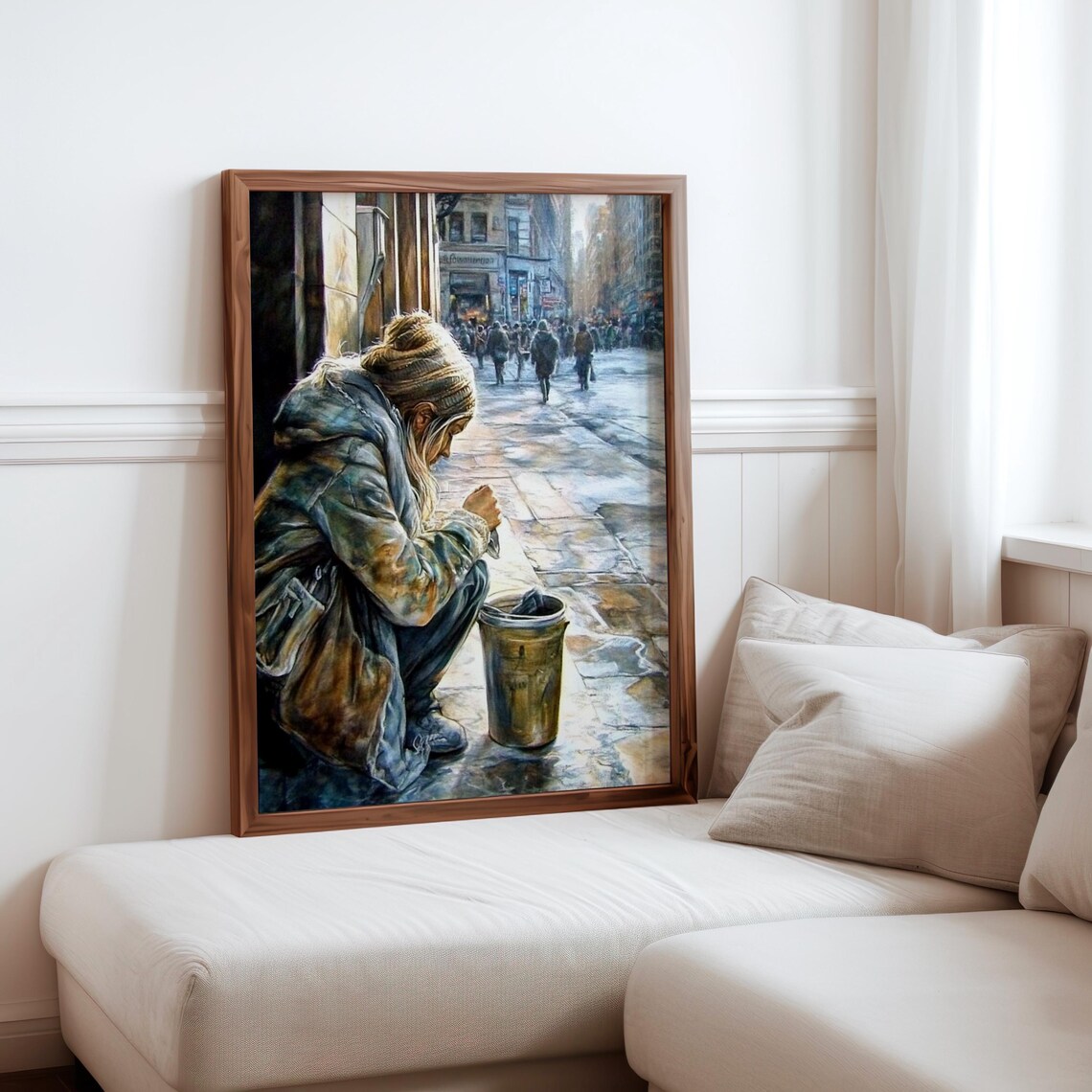 Homeless Person Warming Hands Fire Bucket City Crowd Art Poster