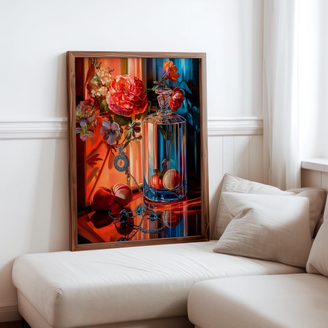 Tall Faceted Glass Decanter Peony Jewels Still Life Art Print