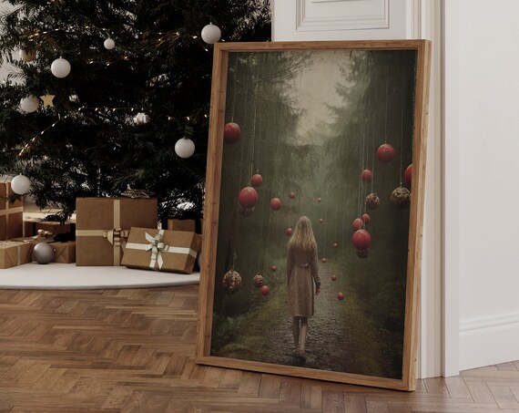 Moody Winter Forest Wall Art with Girl and Red Ornaments Dark Aesthetic