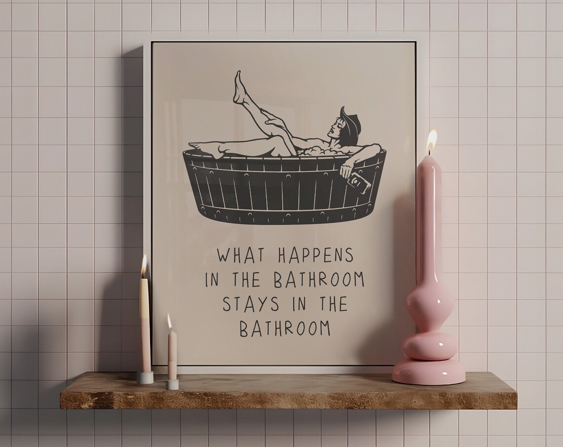 What Happens in the Bathroom Western Quote Poster with Cowgirl Tub Art