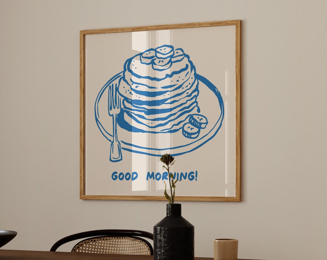 Good Morning Blue Pancakes Breakfast Kitchen Line Art Poster