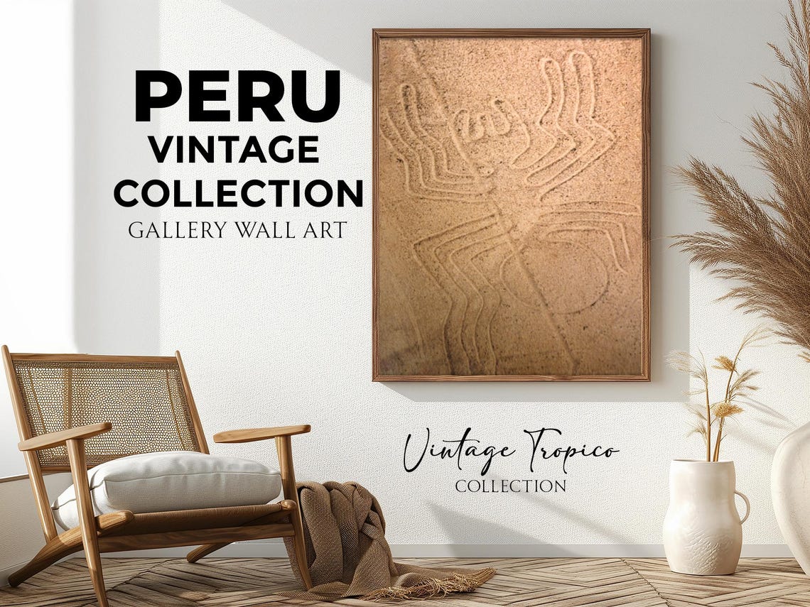 Nazca Lines Spider Geoglyph Desert Etching Vintage Peru Travel Poster