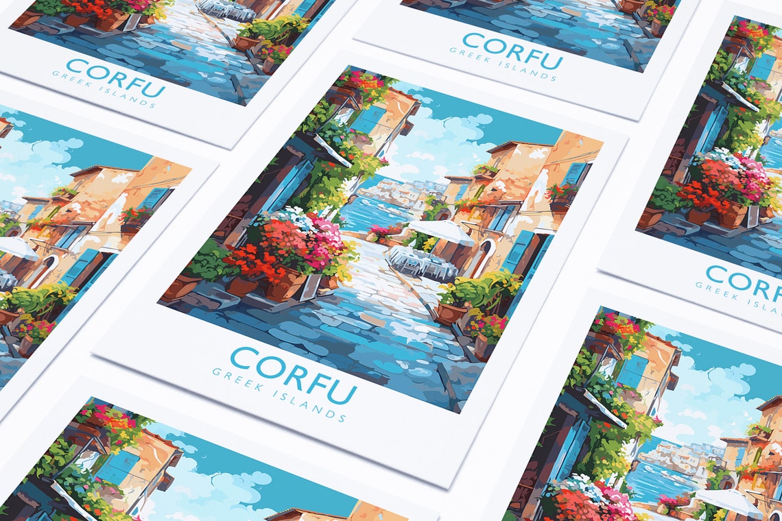 Corfu Greek Islands Cobblestone Street Floral Coastal Travel Poster - Image 4