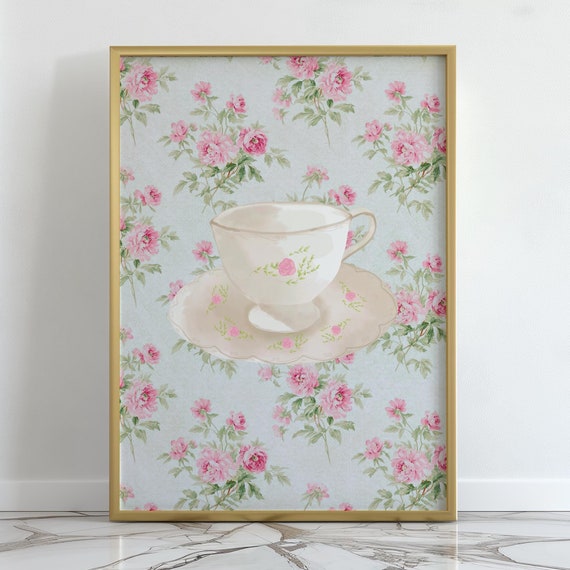 Coffee With Grandma Print Antique Cup Wall Art Abstract Vintage Painting Cottagecore Decor Trendy Decor Wall Art