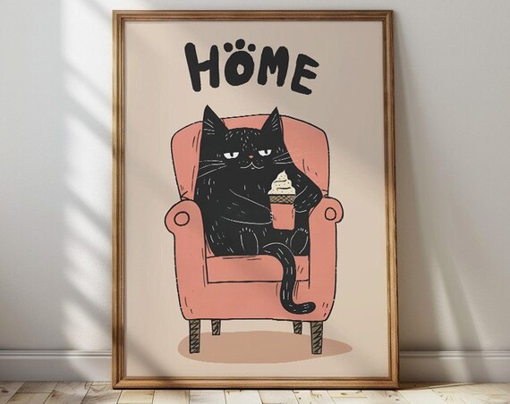 Chubby Black Cat Eating Ice Cream On A Pink Armchair Art Poster