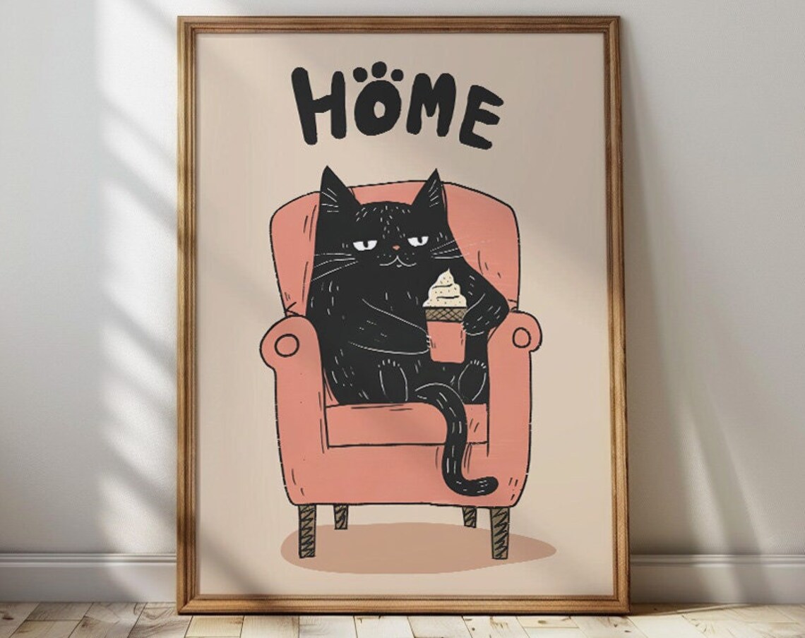 Chubby Black Cat Eating Ice Cream On A Pink Armchair Art Poster