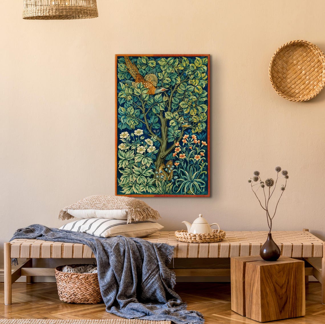 William Morris Woodpecker Bird in a Flowering Tree Textile Poster - Image 3