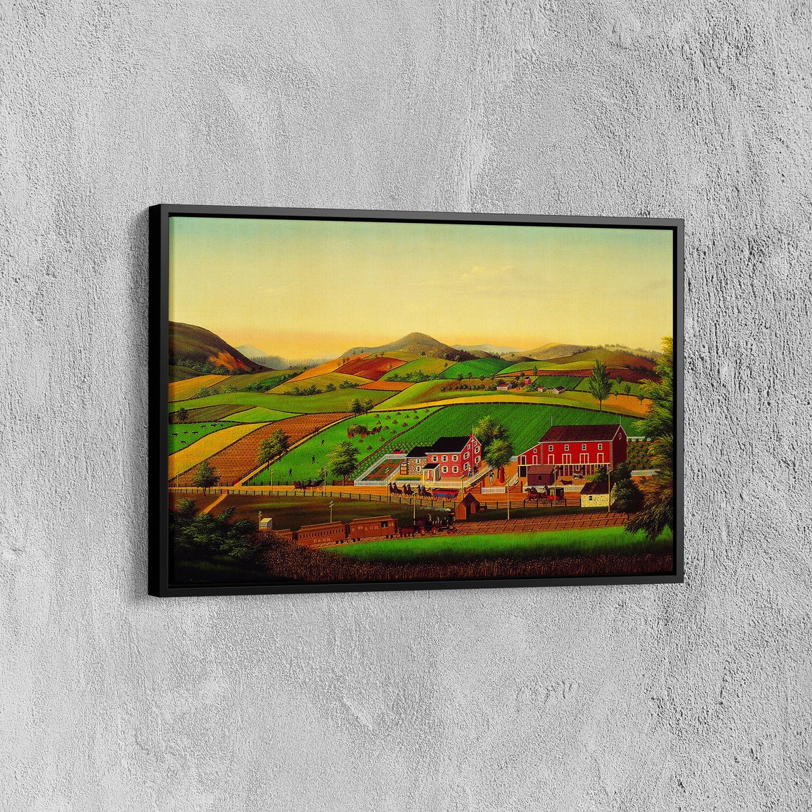 American Folk Art Farm Valley Red Barns Train Naive Landscape Poster - Image 7