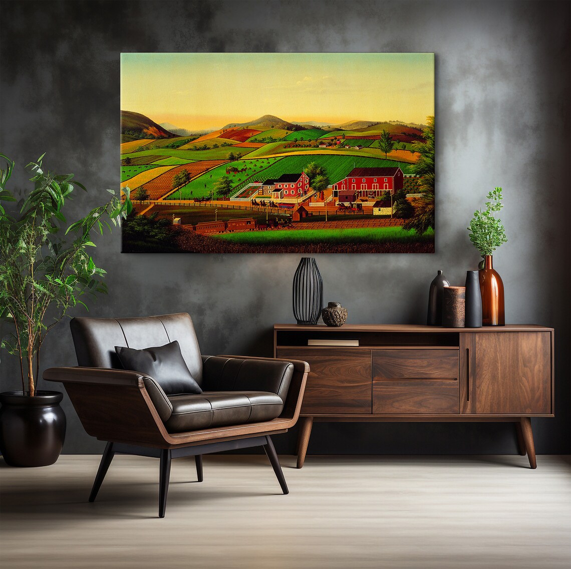 American Folk Art Farm Valley Red Barns Train Naive Landscape Poster - Image 5