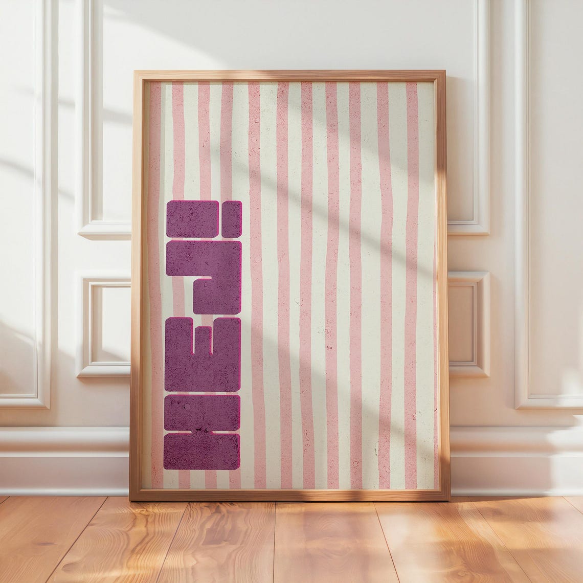Hej Scandinavian Greeting Typography Poster with Pink Vertical Stripes