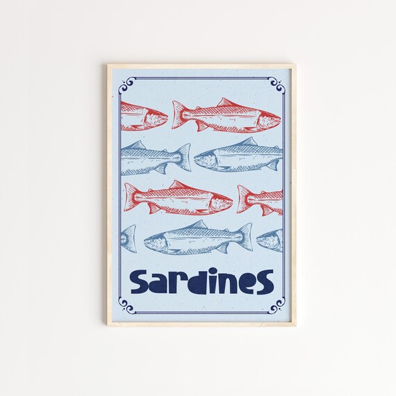 Sardines Poster Red And Blue Fish Illustration Vintage Coastal Kitchen Wall Art