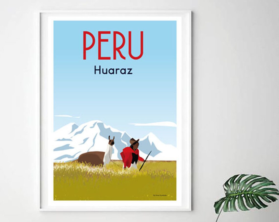Peru Huaraz Andes Shepherd Llama Snowy Peaks Mountains Poster