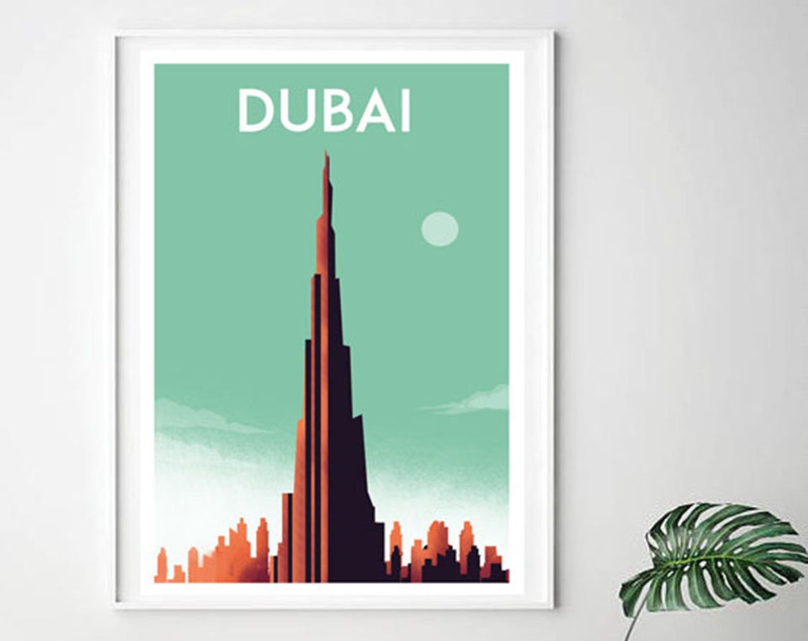 Dubai UAE Burj Khalifa Skyline Retro Mint Green Travel Poster