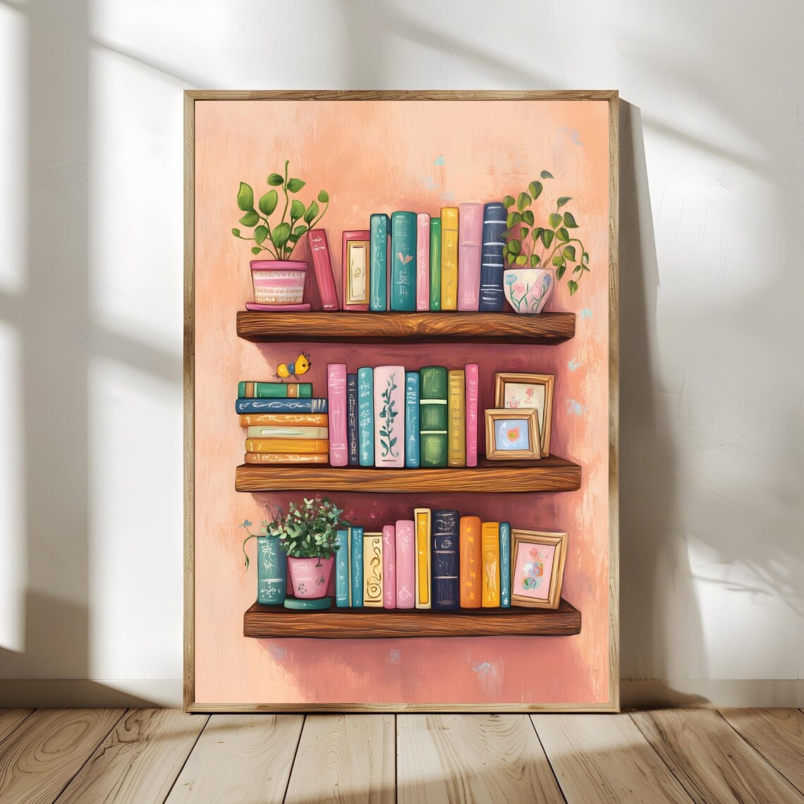 Pastel Pink Bookshelf Cozy Reading Nook Book Lover Wall Poster