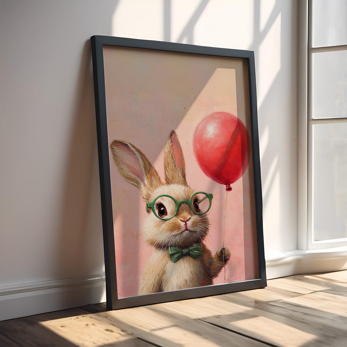 Cute Bunny With Red Balloon Green Glasses Bow Tie Nursery Art Poster - Image 3