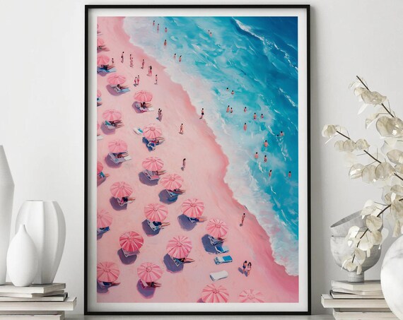 Pink Sand Beach Aerial Umbrellas Turquoise Sea Ocean Art Poster