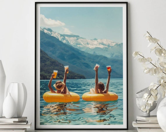 Women Drinking On Lake Drinking On Lake Print Colored Vintage Wall Art Funny Picnic On Floaties Poster Ocean Wall Decor