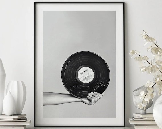 Hand Holding Vinyl Record Black White Music Photo Love Music Label Poster