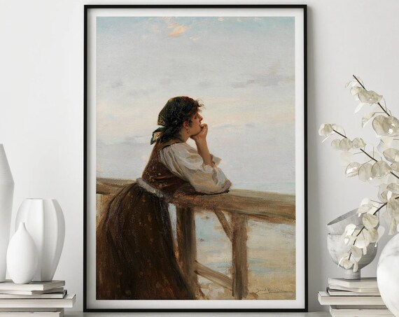 Moody Vintage Portrait Woman Gazing Out Window Painting Poster