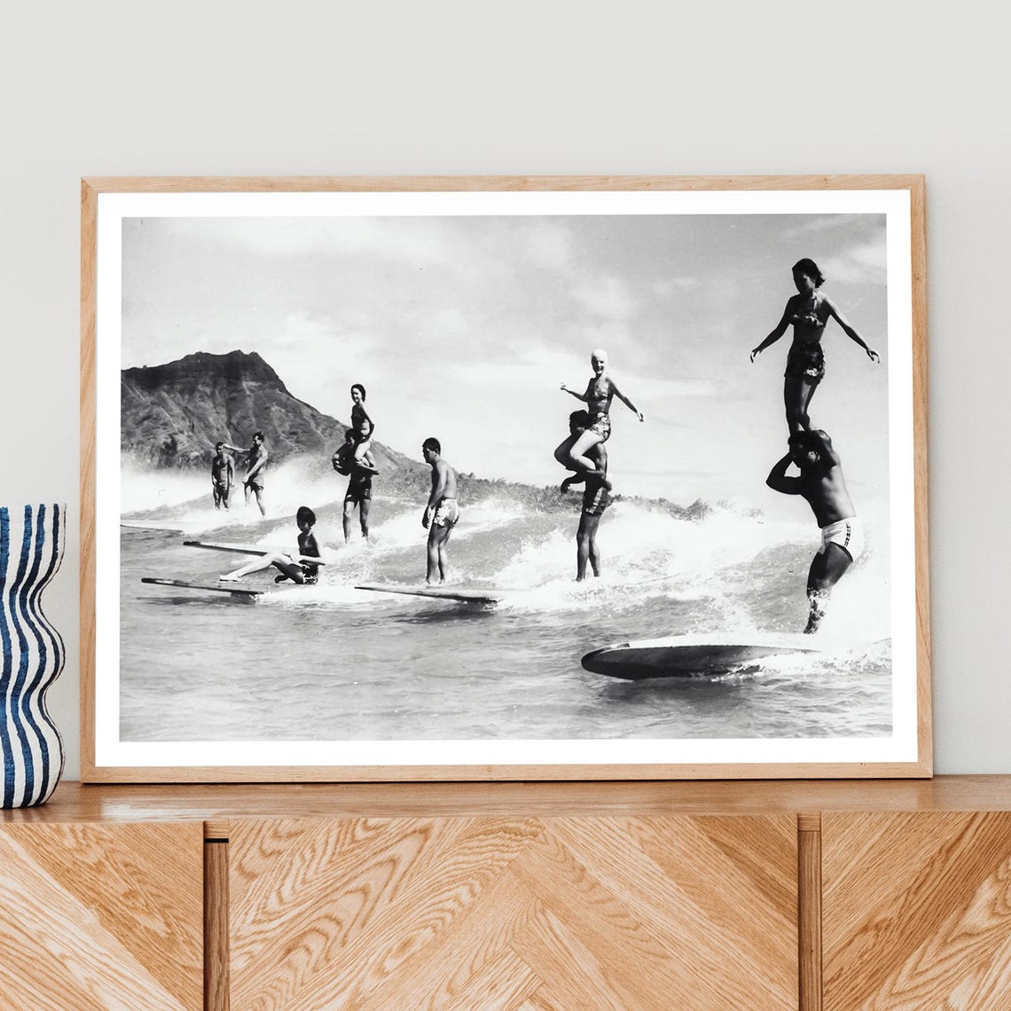 Vintage Surfers Black White Beach Wave Photo Retro Surf Art Poster