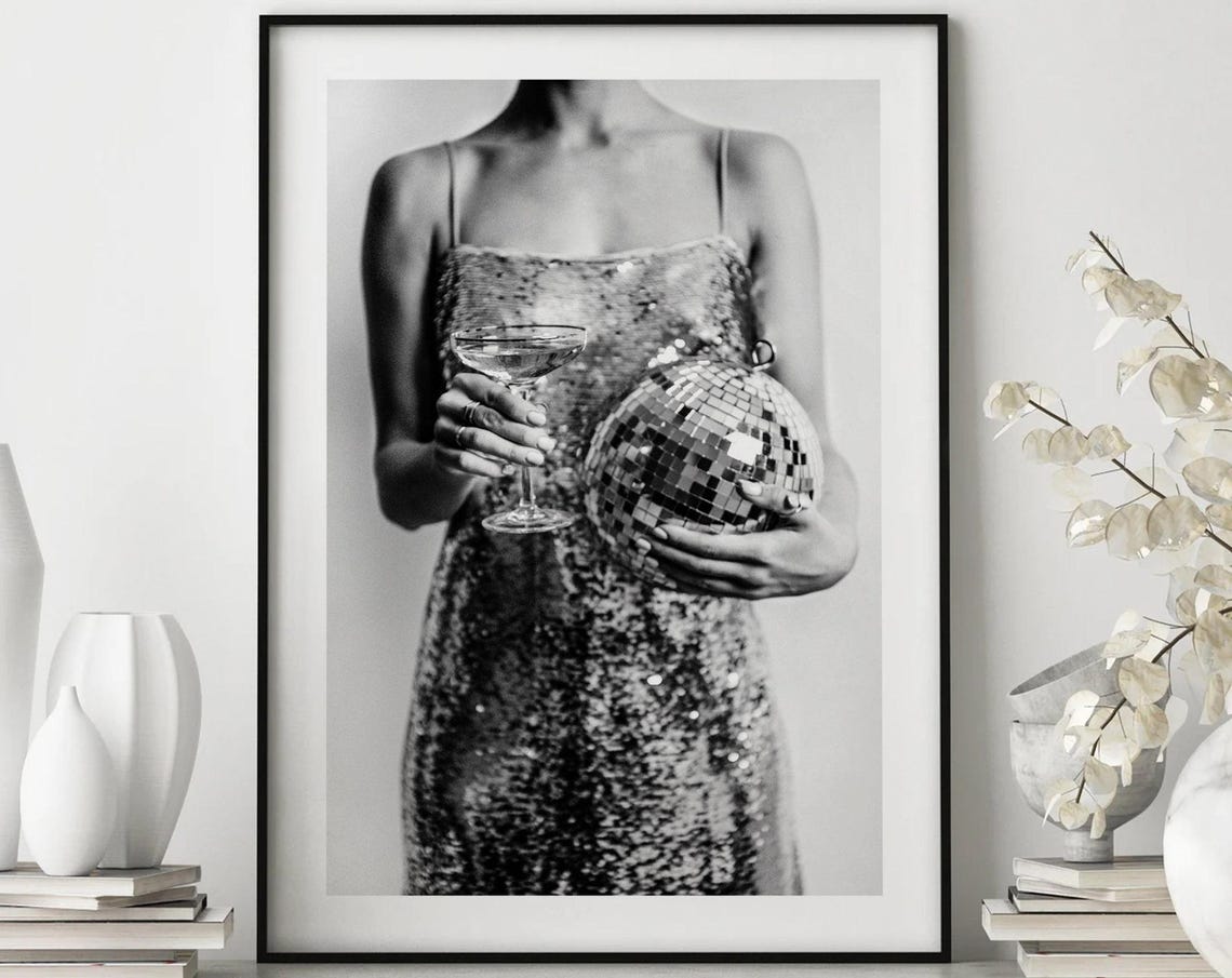Sequin Dress Disco Ball Woman Black White Glamour Party Wall Art