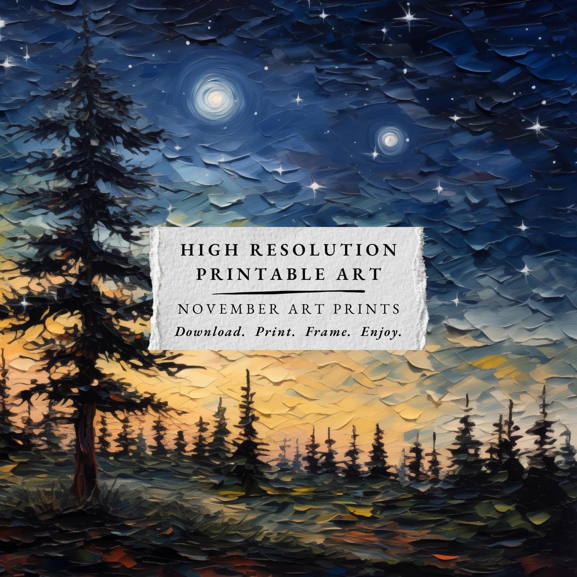Square Night Sky Forest Print Starry Night Sky Painting Evening Pine Tree Wall Art Rustic Cabin Decor Mountain Rental Artwork - Image 4