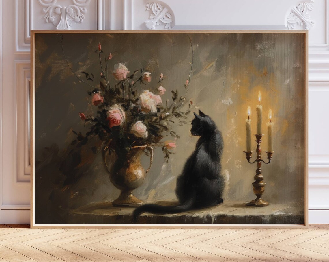 Moody Floral Black Cat, Botanical Art Print Decor - Image 7