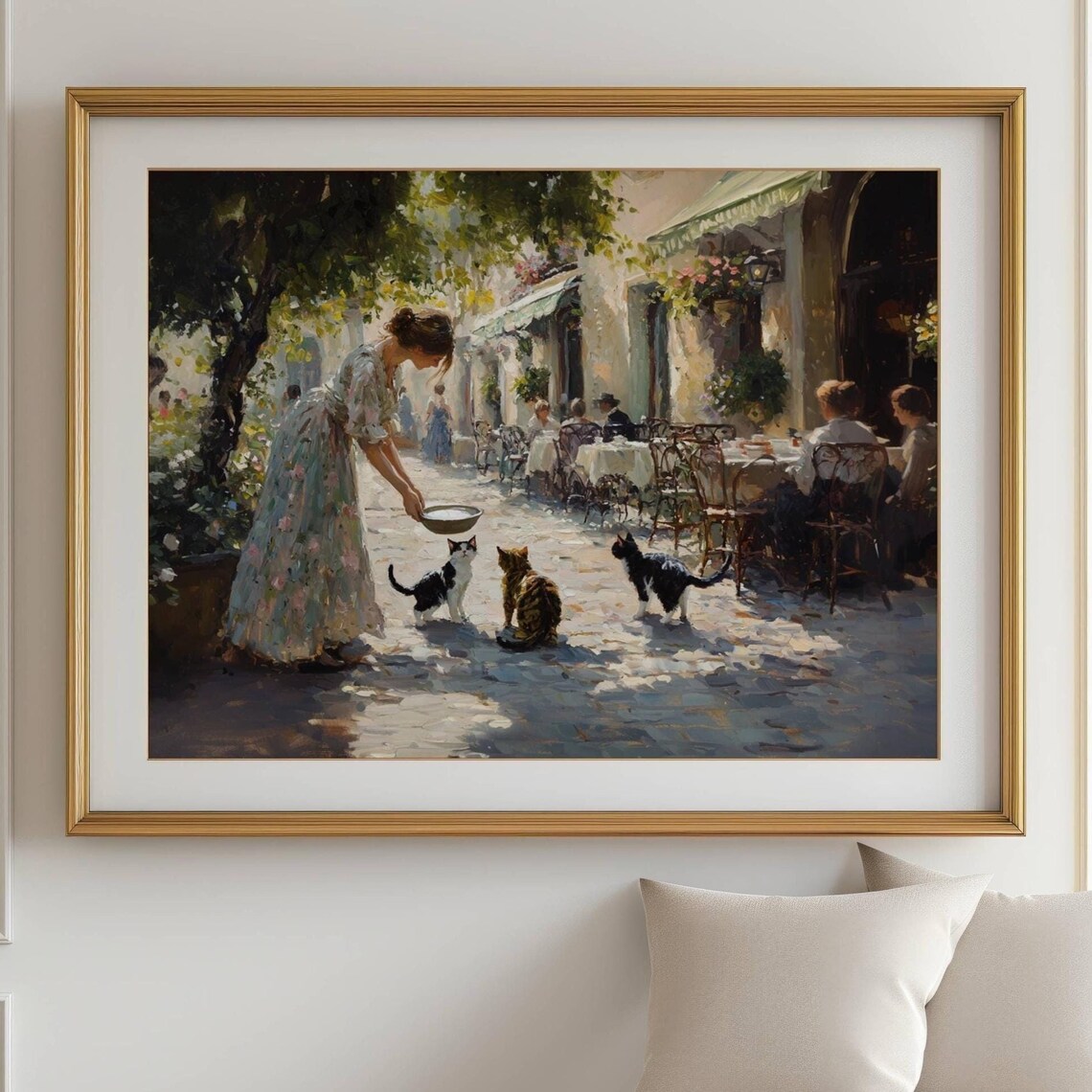 Woman Feeding Cats at Outdoor Cafe, Impressionist Art Print - Image 6
