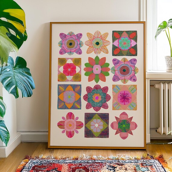 Vibrant Mandala Quilt Block Grid Boho Patchwork Style Art Print