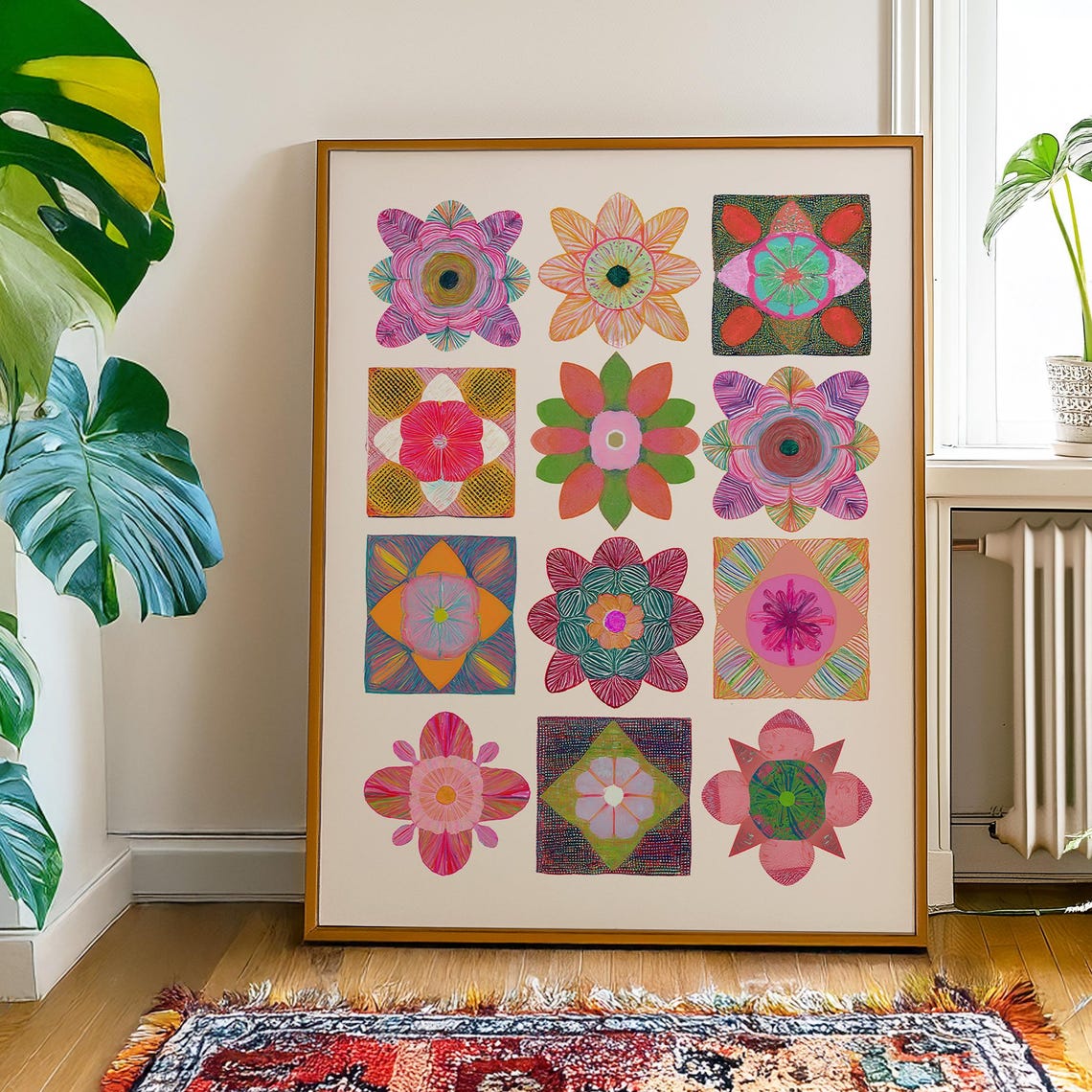 Vibrant Mandala Quilt Block Grid Boho Patchwork Style Art Print