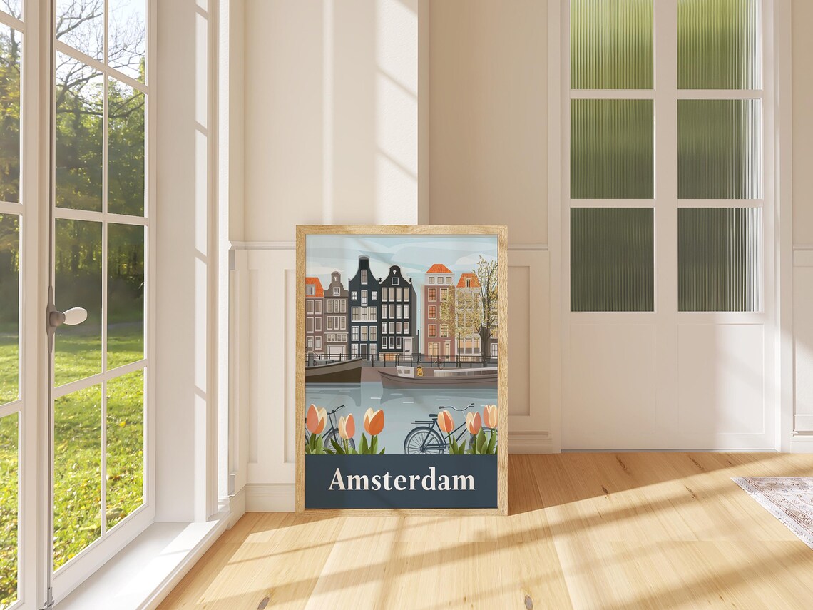 Amsterdam Netherlands Retro Travel Poster Canal Houses Tulips Art - Image 4