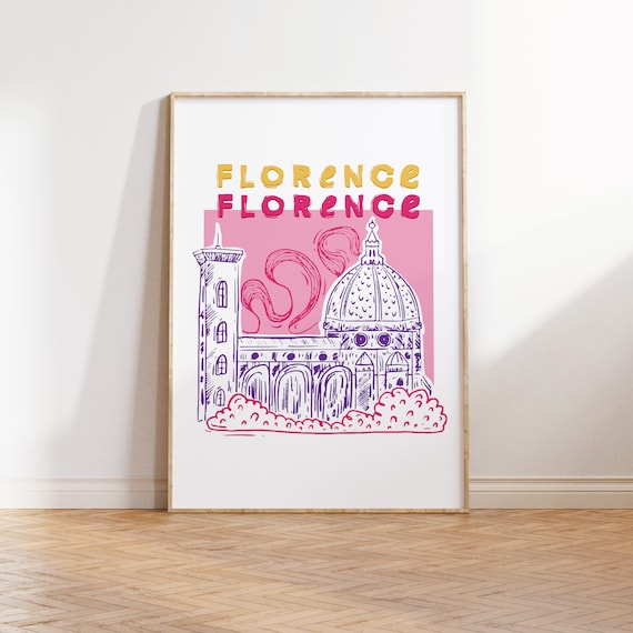 Florence Cathedral Italy Pink Hand Drawn Illustration Poster