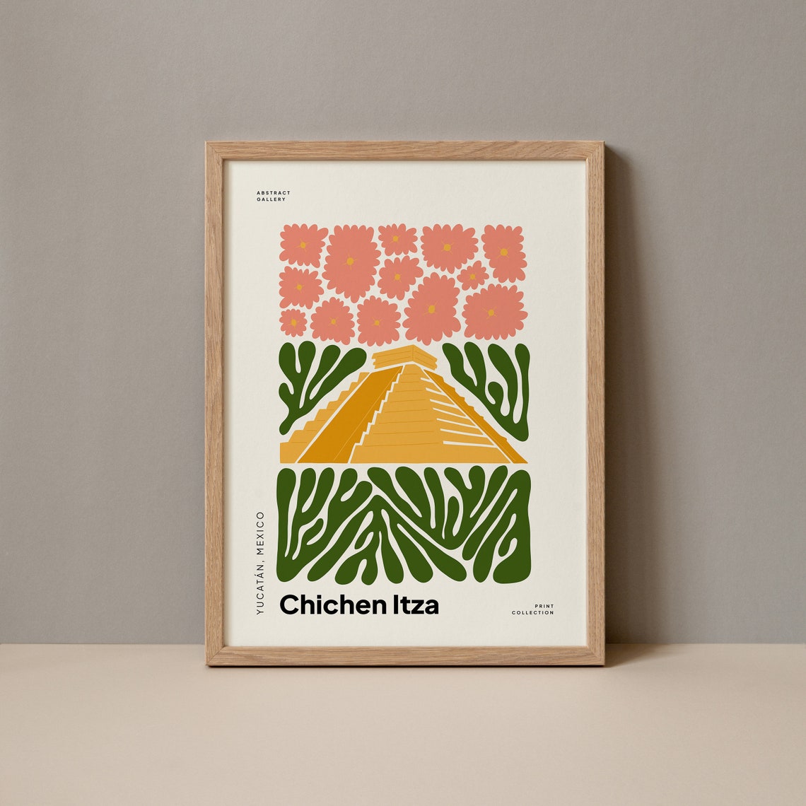Chichen Itza Mexico Abstract Art Print Pyramid Botanical Design