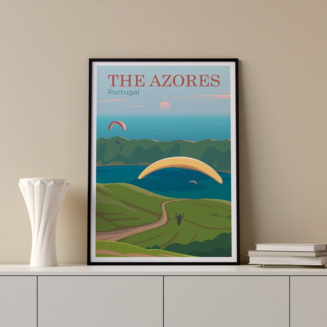 The Azores Portugal Paragliding Crater Lake Green Hills Poster Art - Image 2