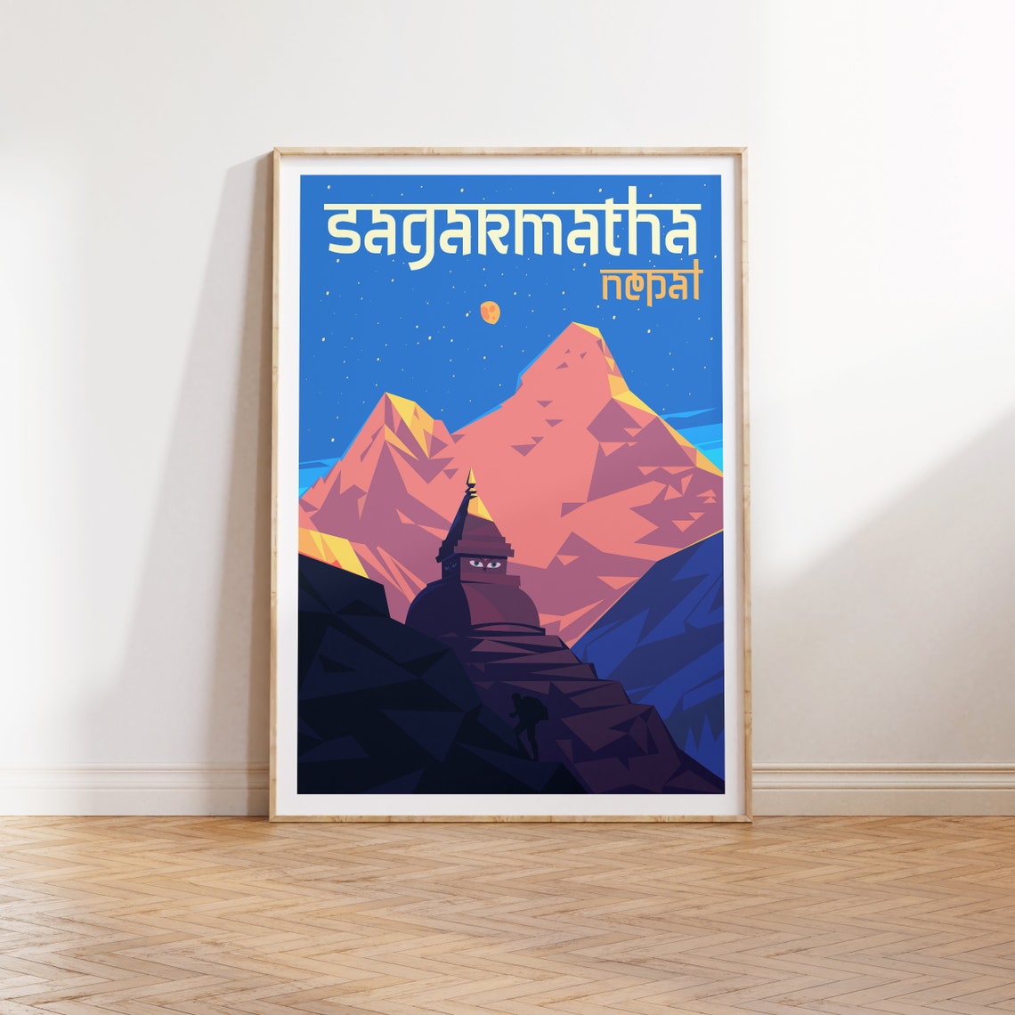 Sagarmatha Nepal Travel Poster Himalayan Peaks Night Stupa Art
