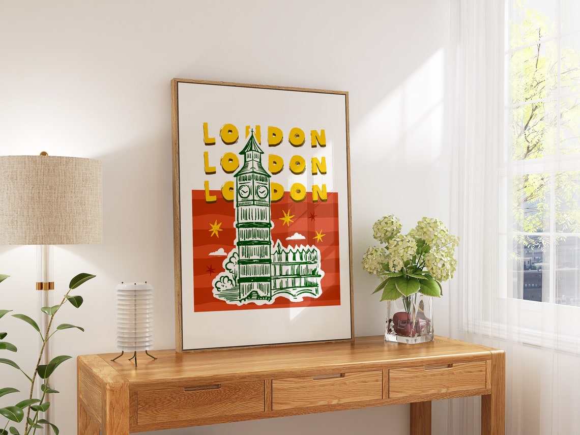London England Big Ben Green Sketch Retro Red Pop Art Poster - Image 5