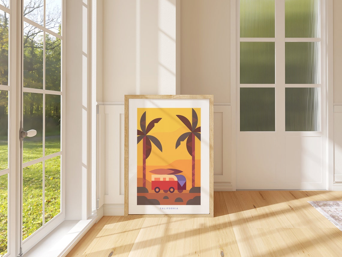 California Surf Van Sunset Geometric Beach Art Poster Travel Gift - Image 3